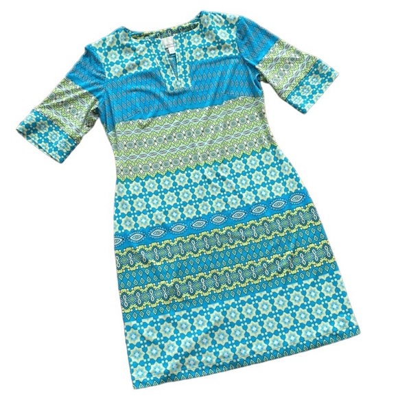 Donna Morgan Blue Green Yellow Retro Stretch Geometric Shift Dress - Sz 4 - Picture 2 of 14
